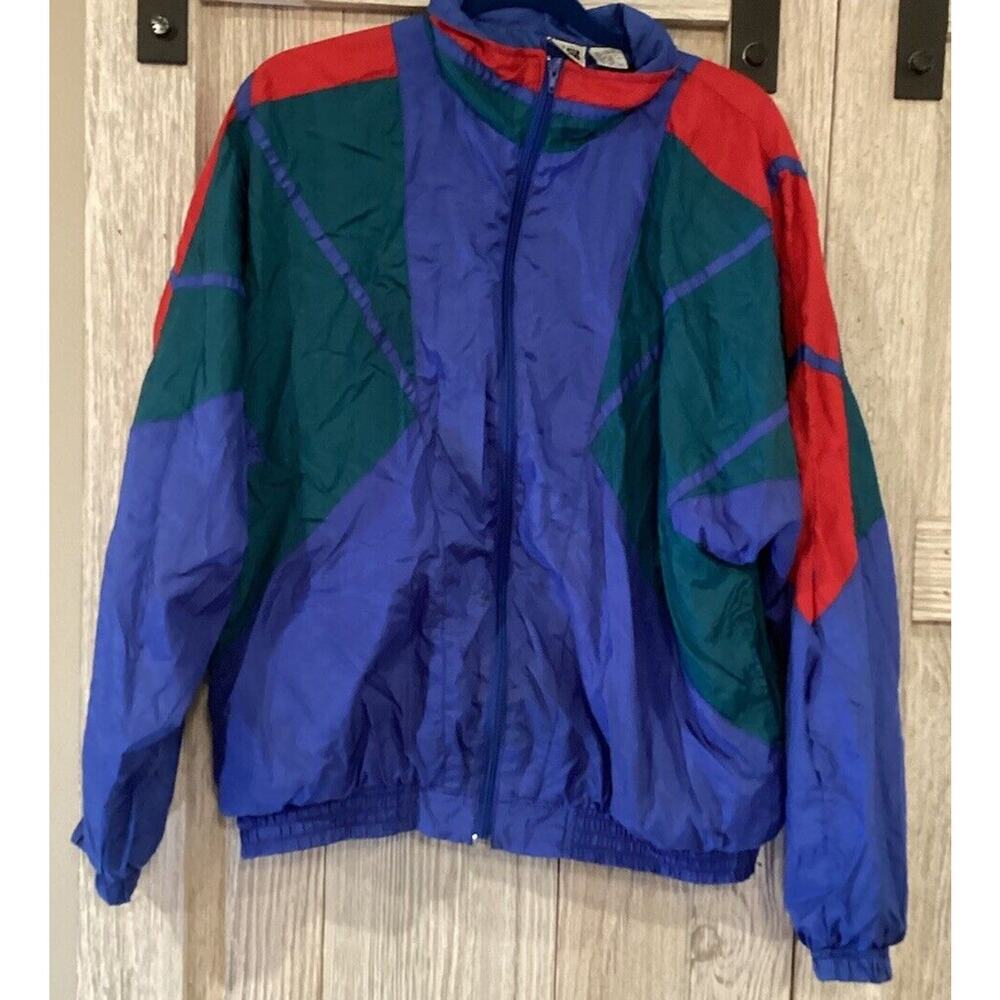 Vintage Active Wear Nylon Jacket Zip Up Blue Red Green Size large